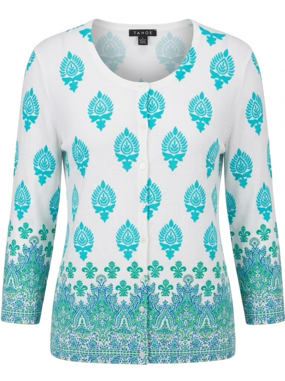 Talbots Medallion Damask Pattern Cardigan White Green Turquoise XL